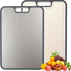 1 dubbelzijdige snijplank voor huishoudelijk gebruik - antislipbasis, gemakkelijk schoon te maken met handvat - gemaakt van roestvrij staal, geschikt voor vlees-, groente- en fruitfamilies, essentieel keukengereedschap voor kamperen en