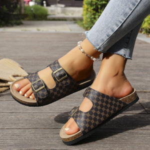 Boken kurkpantoffels voor heren en dames, dubbele riem dubbele gesp twee woord pantoffels, dikke bodem, antislip, buitenstrandsandalen voor de zomer
