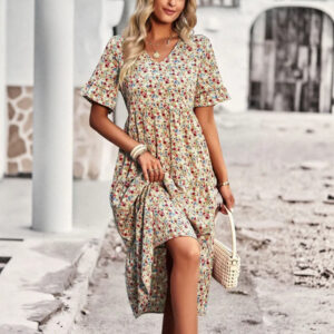 Casual Boheemse lange strandjurk met V-hals en korte mouwen
