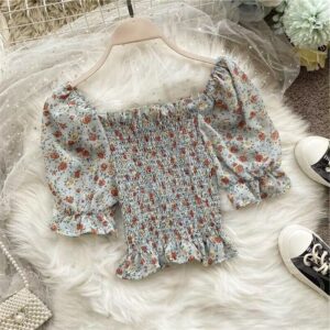 Chiffon bloemen dames zomertop met korte mouwen met vierkante hals