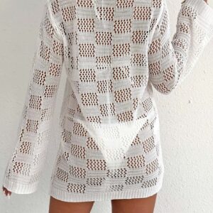 Dames hol geweven vest met lange mouwen en strik aan de voorkant, Europese Amerikaanse zonbescherming bikini cover-up, casual strandbovenkleding