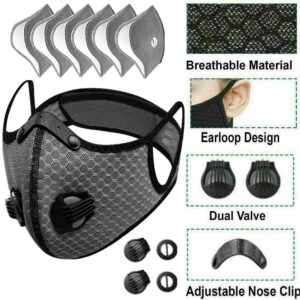 Gezichtsmasker met actief koolstoffilter, ademhalingsventielen, herbruikbaar fietssportgaas