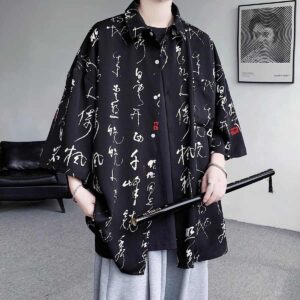 High-end design retro-stijl overhemd met Chinese karakterprint voor heren