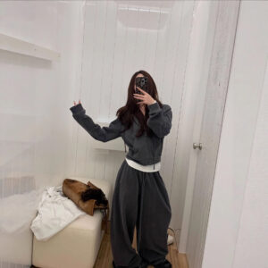 Hoog gramgewicht katoenen gewassen sweatshirtset Dames herfst/winter kort jack Casual losse sportbroek