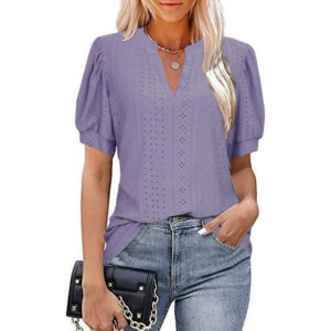 Lente en zomer Casual V-hals Effen Kleur Uitgehold Pofmouwen Los T-shirt Zomershirt voor dames