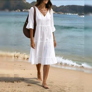 Losvallende strand-midi-jurk met ruches