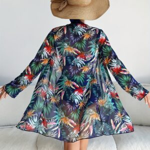 Marineblauwe zwemkleding met contrasterende bladprint voor dames, diep haltertopje met hoge uitsnijding en bijpassende strandjas