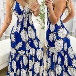 Maxi-jurk met Boheemse ananasprint, spaghettibandjes, diepe v-hals met strikband aan de voorkant, ruches in de taille, zwierige lange jurk voor strandvakantie, zomerjurk voor dames