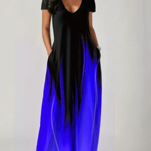 Maxi-jurk met ombre-gradiënt, korte mouwen en zakken voor dames, casual lange jurk met V-hals, losse pasvorm voor de zomer