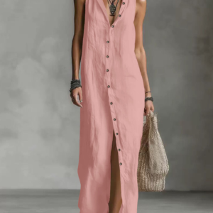 Mouwloze maxi-jurk met knoopsluiting en split voor dames, casual vakantie-lange jurk, perfect voor lente-zomervakantie en dagelijks gebruik