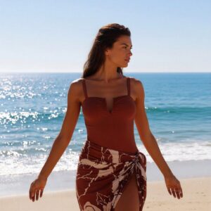 Nieuwe 2-delige strandset voor dames - Bruin eendelig badpak met V-draad en tie-dye sarongrok