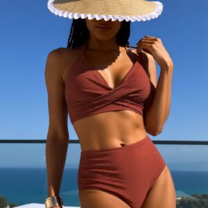 Nieuwe Caramel Bruin Getextureerde Halter Kruis V-hals Hoge Taille Bikini Set Dames Buikcontrole Slank Tweedelig Badpak voor strandvakantie, Retro Vibe-stijl