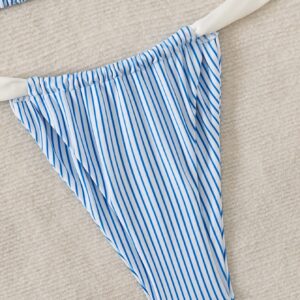 Nieuwe blauw witte verticale streep kleurenblok brede band driehoek bikini set dames ruches ruches hoog uitgesneden tweedelig badpak voor strandvakantie, Koreaanse stijl