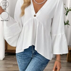 Nieuwe collectie dames lente zomer effen kleur V-hals blouse met ruches, losse elegante casual tops