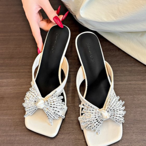 Nieuwe kristallen vuurwerkfeeschoenen, blokhak-slipsandalen voor dames, stijlvolle elegante pantoffels met één riem voor buitenkleding