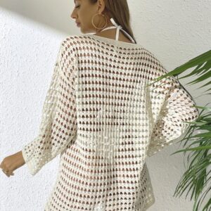 Nieuwe zomer dames gebreide uitgeholde strandjurk, pullover bikini cover-up met ronde hals en lange mouwen voor Europa en Amerika