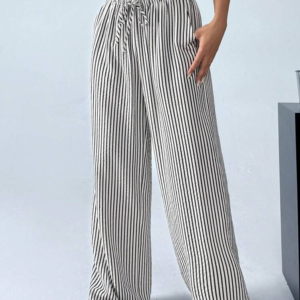 Nieuwe zomergestreepte damesbroek met hoge taille en wijde pijpen, losse, casual lange broek met drapering en slanke pasvorm