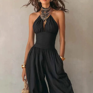 Rugloze jumpsuit met halternek en tailleband voor reizen en woon-werkverkeer