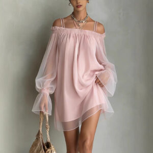 Sexy zoete dubbele riem vestidos off-shoulder jurk voor vrouwen vestido fee mini losse jurken zomer nieuwe pure mesh lange mouw