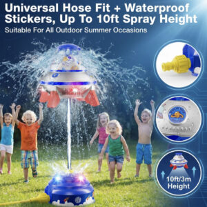 UFO-raketwatersproeier voor kinderen, vliegende schotelwaterwerper met kleurrijke LED-knipperlichten en doe-het-zelfstickers, buiten zomerwaterspeelgoed voor tuin en tuin