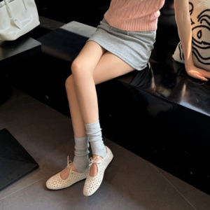 Vintage Franse holle Mary Jane schoenen met strik, zomer ademende platte zachte zool sandalen voor dames