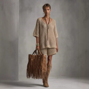 Wollen zomerset met losvallende top met V-hals, korte mouwen en short met hoge taille