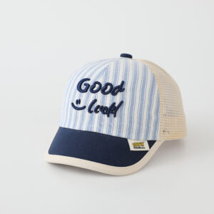 Zomer gestreepte baseballpet voor heren en dames met geborduurde letters geluk op het lichaam, netachtige stof, modieuze en casual stijl