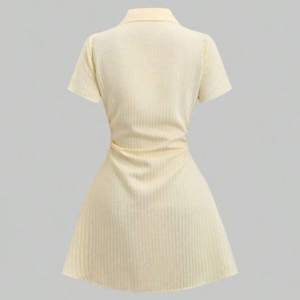 Zomer nieuwe Franse stijl taille-cinching overhemdjurk geel gestreept korte mouwen Single-breasted elegant