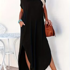 Zomer nieuwe collectie, loszittende, stijlvolle, casual en elegante effen kleur jurk met splitontwerp