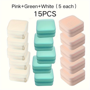 15-delige set Hoogwaardige mini draagbare PU-lederen reissieradendoos Grote capaciteit voor ringen, oorbellen, hangers, horloges, kettingen en lippenstift Frisse 3-kleuren sieradenorganizer