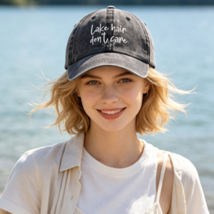 2pcs Lake Hair Washed Black Baseball Cap, Lake Hair Don't Care Borduur Vintage Verontruste Hoed Zomer Casual Lake Trip Hat