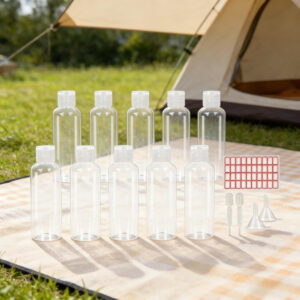 53-delige cosmetische containerset, 9 x 100 ml containers voor vloeibare zeep met pompen, 2 minitrechters, 2 pipetten, 40 etiketten, lege dispenserflessen voor doe-het-zelf cosmetica en reizen