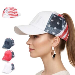 Amerikaanse retro baseballpet met geborstelde gaten en bedrukte vlag voor buitenkleding in de zomer, met paardenstaartnet en een slappe rand