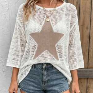 Boho Dames Contrast Star Hollow Mesh Knit Top Oversized 3 Quarter Sleeve Bikini Beach Cover Up