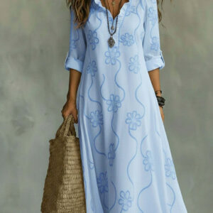 Boho ruches V-hals bloemen geborduurde maxi-jurk - losse strandjurk met oprolbare mouwen