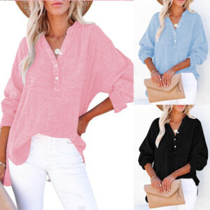 Casual damesblouse met V-hals en lange mouwen - Losvallend Henley-shirt van getextureerd katoen voor de zomer