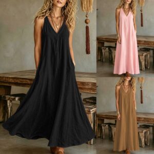 Casual mouwloze maxi-strandjurk met V-hals, zakken en volledige rok