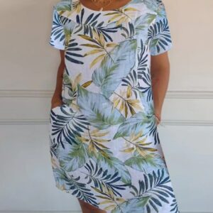 Dames casual bedrukte strandjurk met ronde hals en zakken