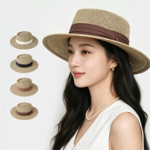 Dames oud geld stijl holle platte strohoed, zomer veelzijdige zonnehoed voor vakantie, strand en kust zonbescherming stro Fedora