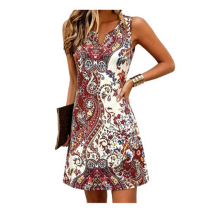 Europese en Amerikaanse stijl zomer mouwloze V-hals vintage-print comfortabele ademende jurk