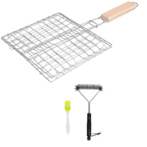 Grillset – draagbare roestvrijstalen grill met grillrooster van 21,5 x 19 cm, groene siliconenborstel en reinigingsborstel voor buitenactiviteiten en tuingereedschap