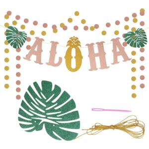 Hawaiiaanse papieren feestdecoraties, ALOHA feestdecoraties, bar zomeraccessoires, rosÊ gouden vlag, Hawaiiaans boeket, tropische palmbladeren, zomervakantie, strand, zwembaddecoraties