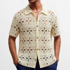 Heren zomer uitgehold gehaakt shirt met korte mouwen