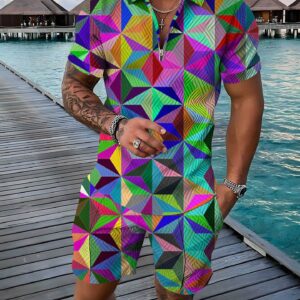 Herenpoloshirt Zomermode 3D-geprinte geometrische revers met korte mouwen en ritssluiting