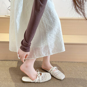 Hete Franse geweven uitgeholde muiltjes voor dames, instapper platte elegante gesloten teenslippers voor zomerkleding buiten