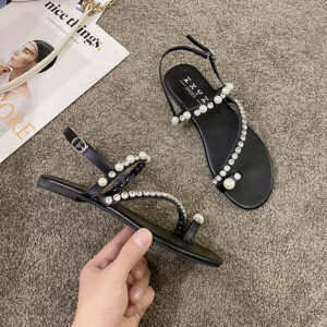 Lente zomer nieuwe strass parel teenlus Romeinse platte sandalen voor dames, grote maten zachte sprookjesstijl unieke damesschoenen