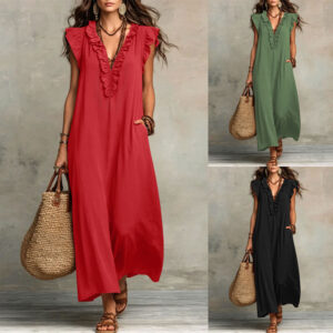 Losse maxi-jurk met ruches, V-hals, kapmouwen en zakken voor dames - Casual lange Boho-strandjurk voor de zomer