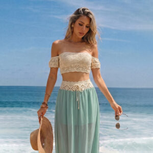 Nieuwe 2-delige outfit, omkeerbare lange strandjurk van chiffon met voering, geknoopte, uitgeholde cover-upset