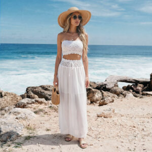 Nieuwe 2-delige outfit, omkeerbare lange strandjurk van chiffon met voering, gehaakte cover-upset met strikband in de taille