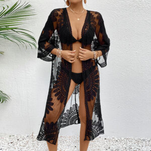 Nieuwe dames kanten borduurwerk kimono vest, open voorkant strandbedekking, bikini badmode bovenkleding, hete verkopende zomerstrandoutfit voor Amazon-groothandel